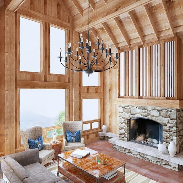 18-Light 43 in. Black Iron Vintage Candle Dimmable Chandeliers Dining Kitchen Ceiling Lights Foyer Bedroom Lighting