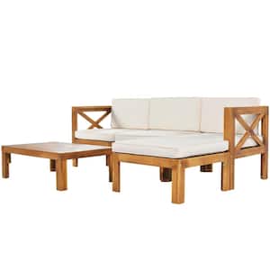 5-Piece Solid Wood Outdoor Backyard Patio Sectional Set Sofa Seating Group Set with Natural Finish and Beige Cushions