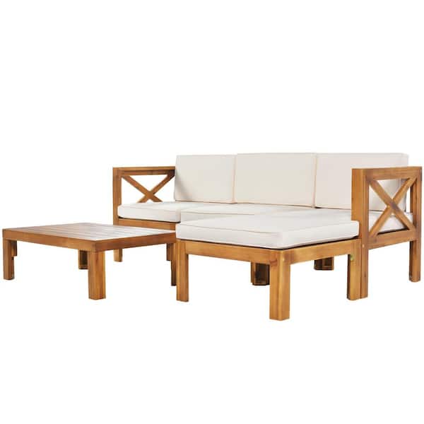 Cesicia 5-Piece Solid Wood Outdoor Backyard Patio Sectional Set Sofa Seating Group Set with Natural Finish and Beige Cushions