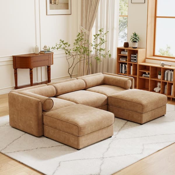 aisword 109 in. Cylindrica Design Modern Modular Chenille 3-Seater Modular Sectional Sofa in Camel with 2-Ottomans