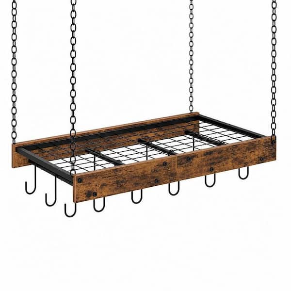 Vintage Ceiling Mounted Brown Pot Rack, Pot and Pan Hanging Rack with 12 S-Shaped Hooks, for Cookware Storage