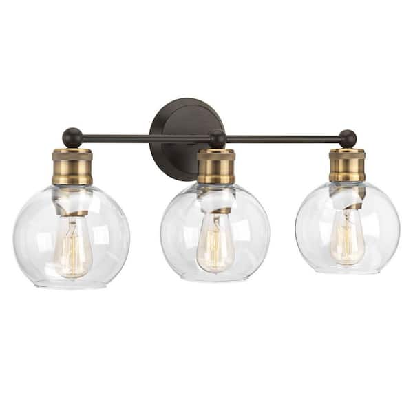 Hansford Collection 24.5 in. Vintage Electric 3-Light Antique Bronze Coastal Farmhouse Clear Glass Bathroom Vanity Light