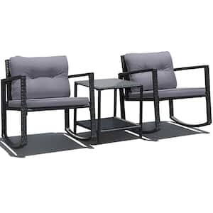 3-Piece Wicker Patio Furniture Set Rocking Chairs Gray Cushioned Sofa