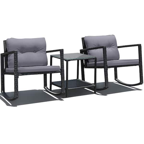 Costway 3-Piece Wicker Patio Furniture Set Rocking Chairs Gray Cushioned Sofa