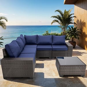 6-Piece Brown Broad Armrest Handwoven Rattan Wicker Outdoor Sectional Sofa Set with Dark Blue Cushions