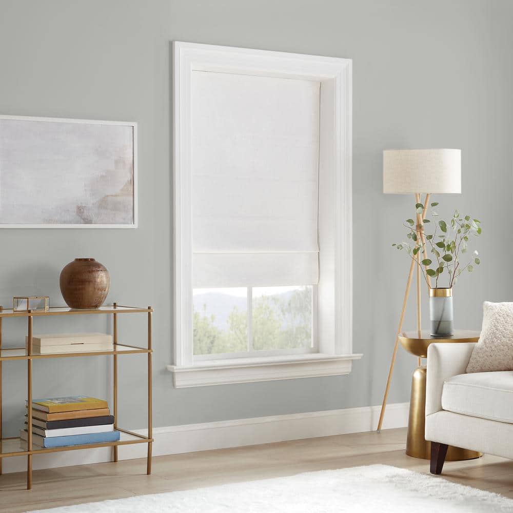 White Cordless Blackout Roman Shade with Linen Texture