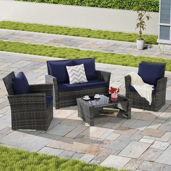 Sudzendf 4-Pieces Outdoor Patio Furniture Sets Garden Rattan Chair Wicker Set, with Dark Blue Cushions