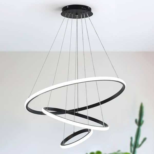 23.6 in. 3-Light Black Modern Dimmable LED Chandelier Height Adjustable Hanging Circular Pendant Light