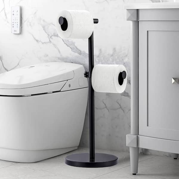 Freestanding Stainless Steel Double Post Toilet Paper Holder with Non-Slip Base with Reserve for Bathroom in Matte Balck