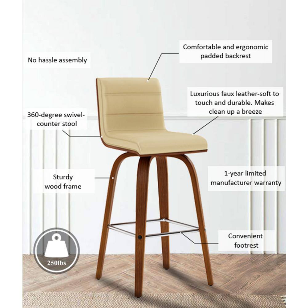 26" Cream Faux Leather and Walnut Wood Swivel Bar Stool