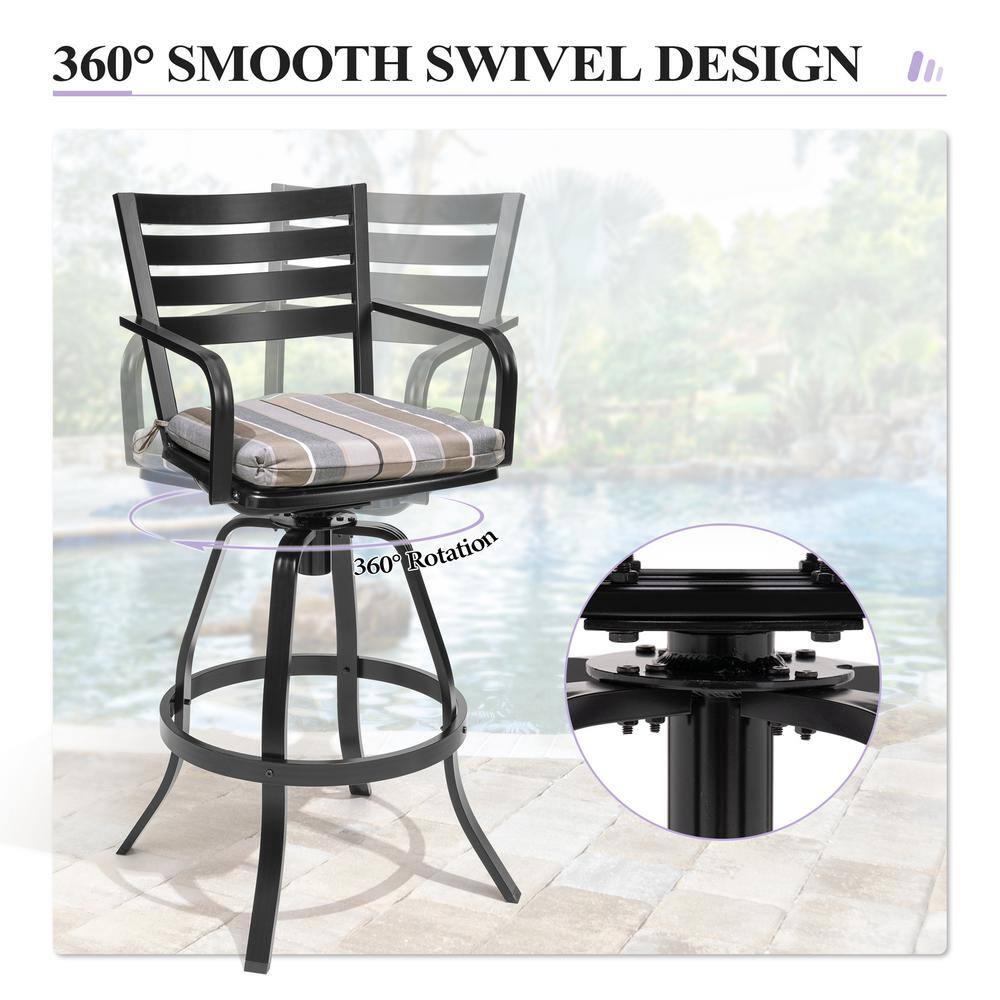 Ergonomic Black Cast Aluminum Swivel Bar Chair with Milano Char Cushion
