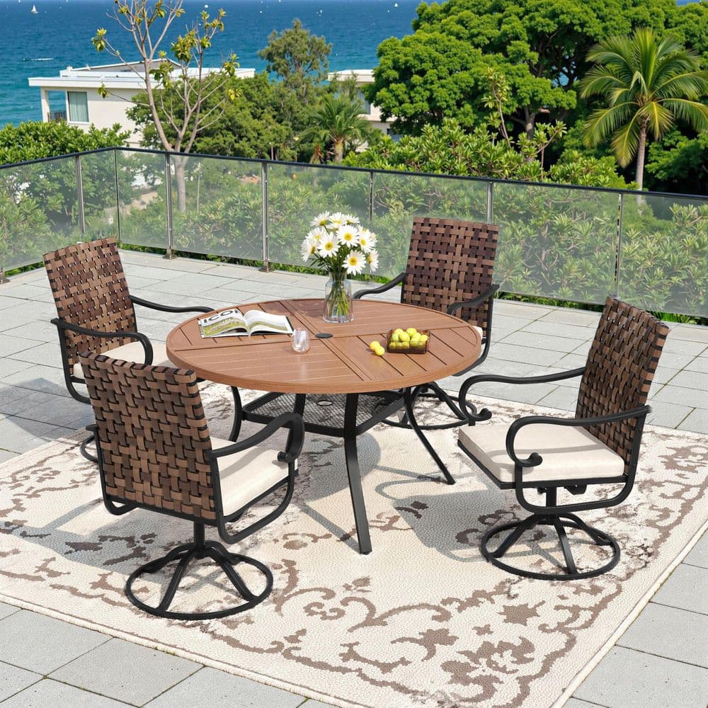 5-Piece Metal Outdoor Dining Set with 4 Swivel Wicker Chairs, Beige Cushions and 40.6 in. Walnut-Finish Round Table price history on PriceWatchPro