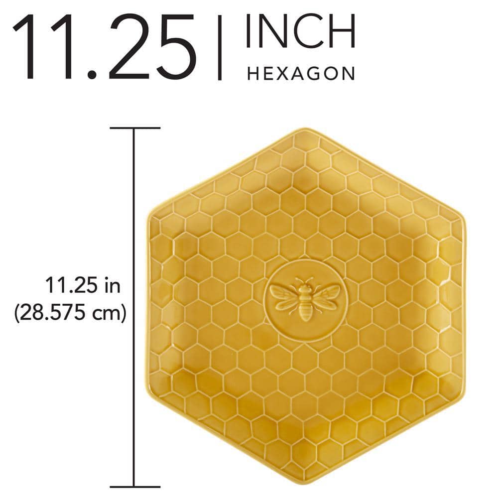 Yellow Embossed Honeycomb Ceramic Dinner Plates, Set of 4
