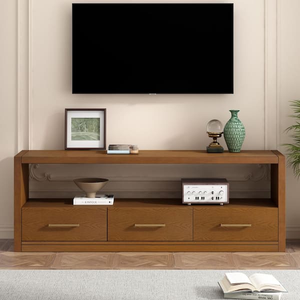 CHRISTOPHER KNIGHT HOME Rumi Modern Brown MDF TV Stand Fits TV's up to 79 in. Entertainment Center with 3-Drawers, Metal Handles, Open Storage