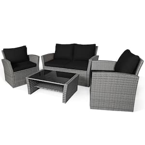 4-Pieces Patio Rattan Conversation Set Outdoor Furniture Set with Black Cushions
