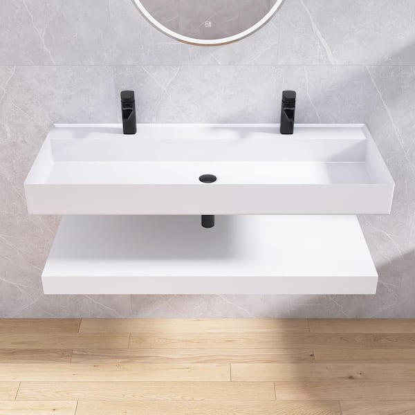 MEDUNJESS 47 in. White Solid Surface Wall-Mounted Bathroom Vessel Sink and Shelves with Double Faucet Holes