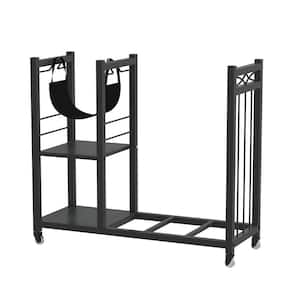 31 in. W Black Outdoor Metal Firewood Rack with 4 Wheels