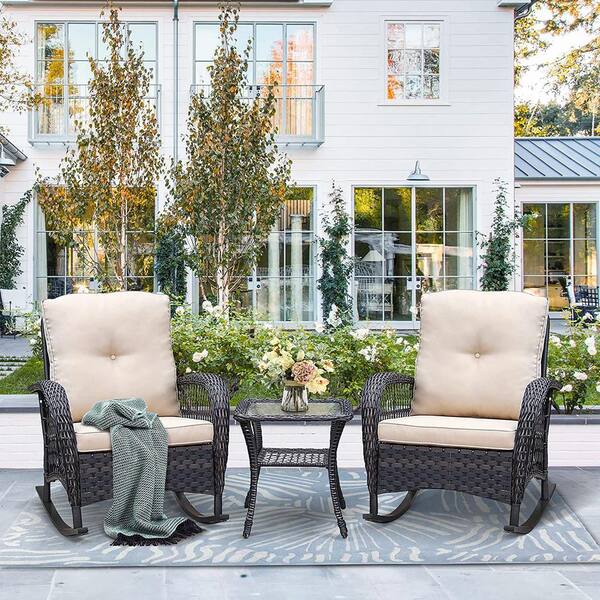 cenadinz 2-Pieces Wicker Outdoor Rocking Chair with Khaki Cushion for Backyard w/ 1-Glass table