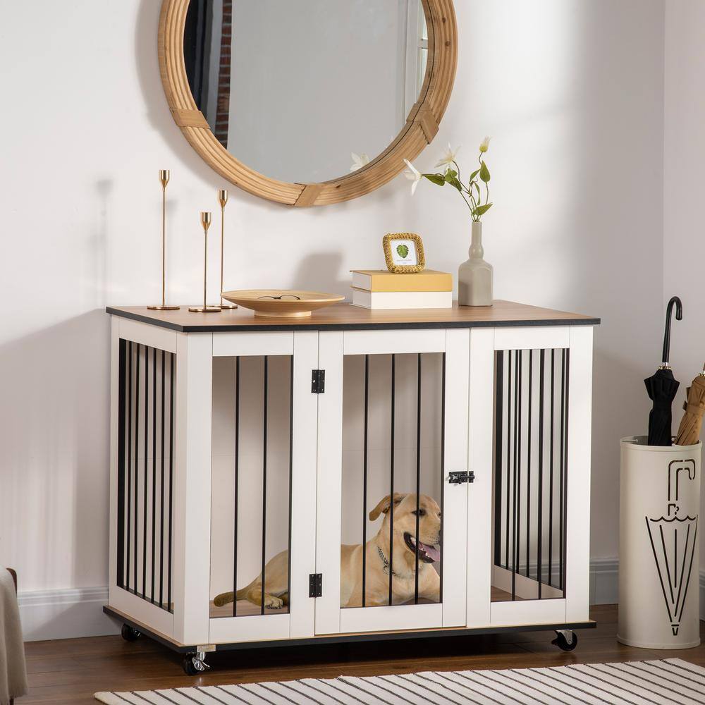Large White Rolling Dog Crate Table with Steel Bars