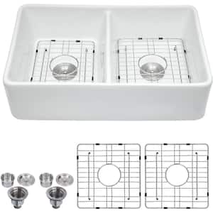 32 in. Farmhouse/Apron-Front Double Bowl White Ceramic Kitchen Sink with Bottom Grid