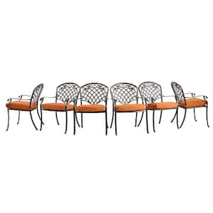 Charcoal Gray 7-Piece Cast Aluminum Rectangle Round Outdoor Dining Set and Backrest Chairs with Orange Cushions
