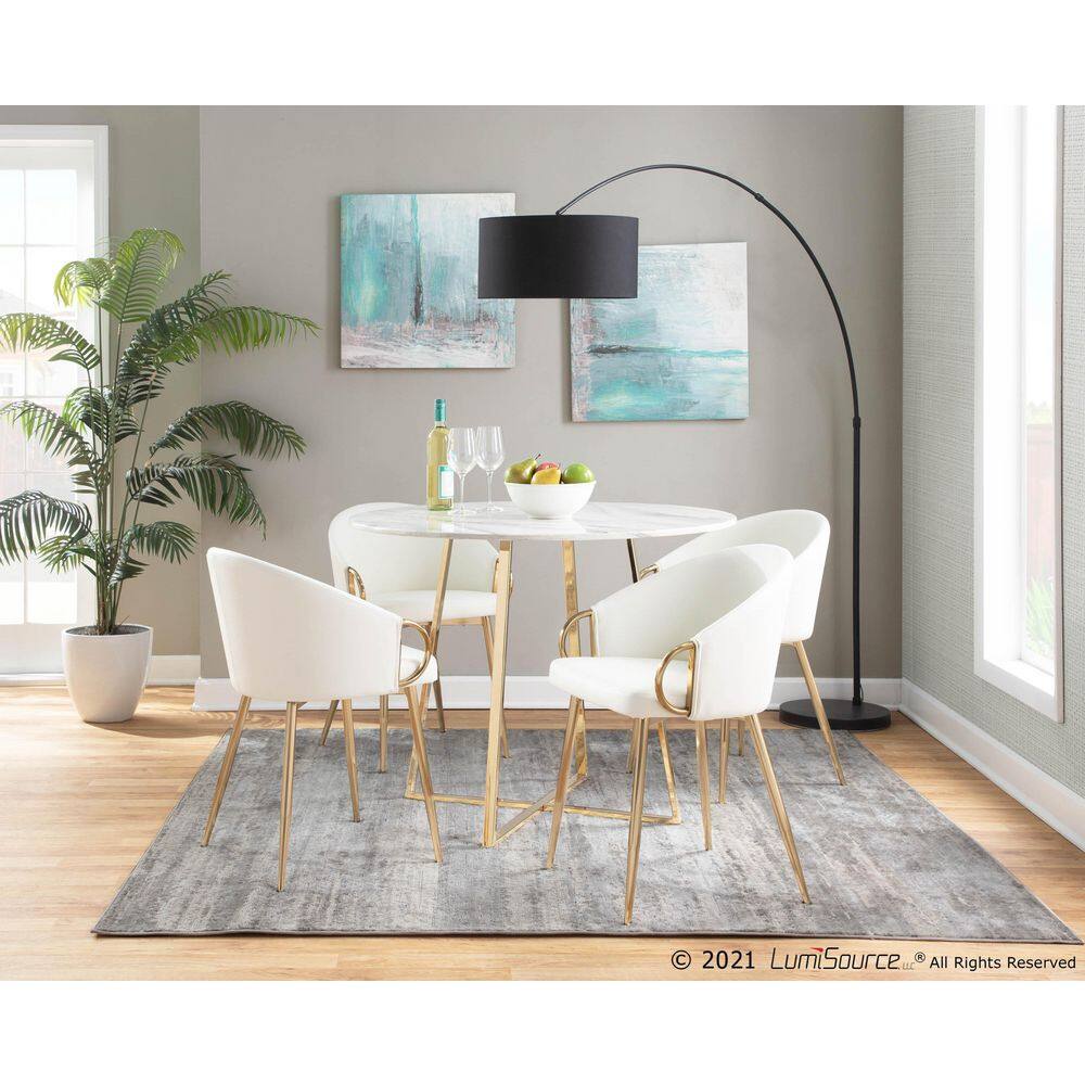 White Faux Leather and Gold Metal Low Upholstered Chair