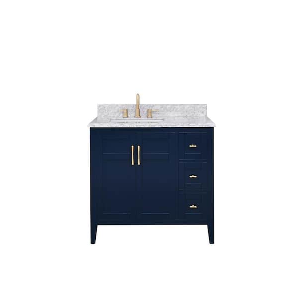 Sturgess 37 in. W x 22 in. D x 35 in. H Single Sink Freestanding Bath Vanity in Navy Blue with Carrara Marble Top