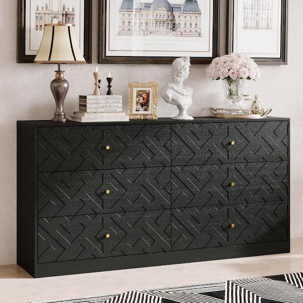Black Embossed 6-Drawer 63 in. Chest of Drawers with Gold Knobs, Modern Artistic Storage for Bedroom or Living Room