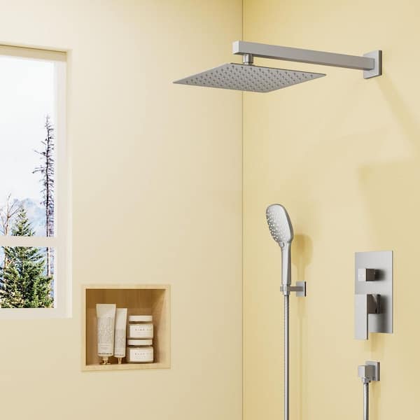 Double Handle 3-Spray Shower Faucet 2.5GPM with 10 in. Adjustable Heads in Brushed Nickel (Valve Included)