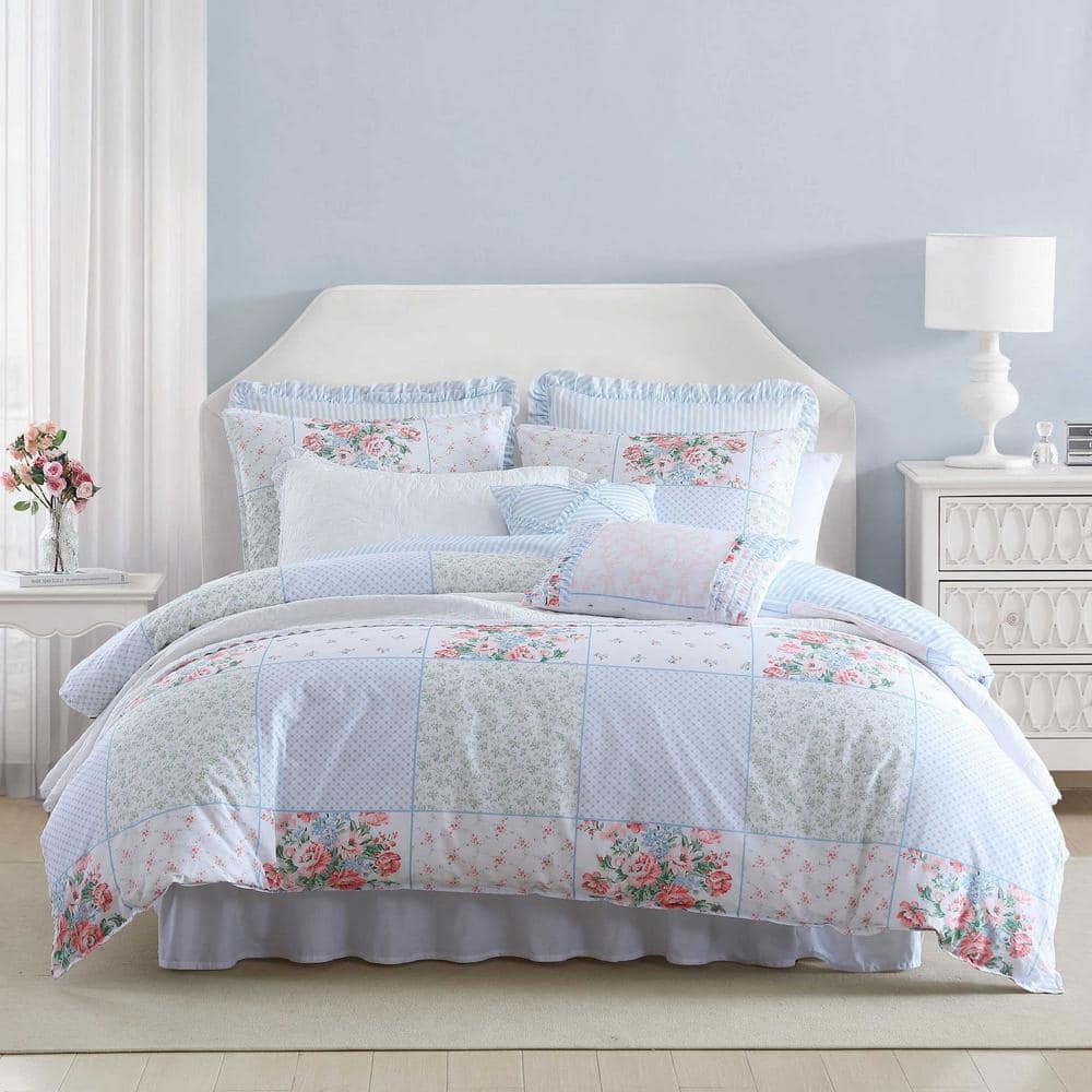 Laura Ashley Hope Patchwork 7-Piece Blue Pink and Green 100% Cotton  Full/Queen Bonus Duvet Cover Set USHSFX1291707 - The Home Depot