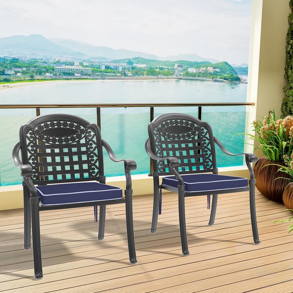 Black Cast Aluminum Outdoor Patio Dining Chairs Armchairs With Water Resist