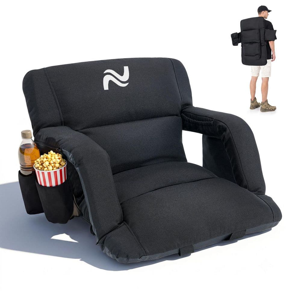 Black padded portable folding bleacher seat with armrests and side pockets.