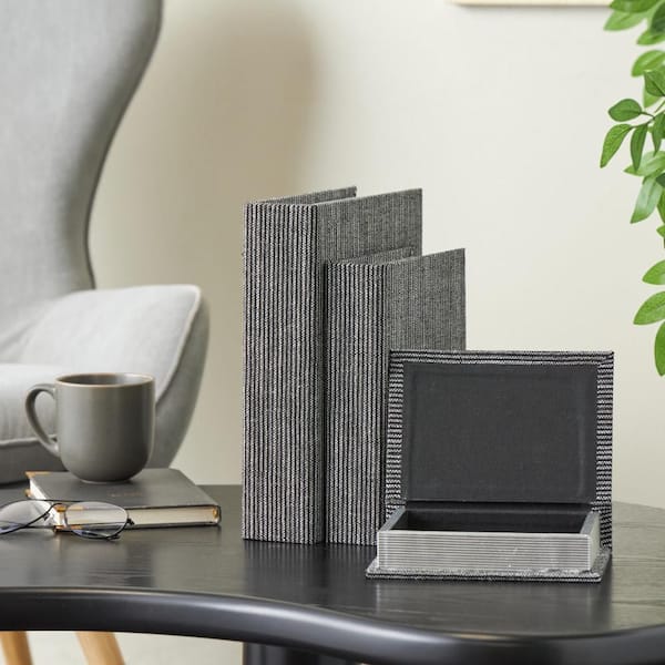 Black Rectangle Fabric 9 in. Faux Book Storage Box with White Sewn Pattern (Set of 3)