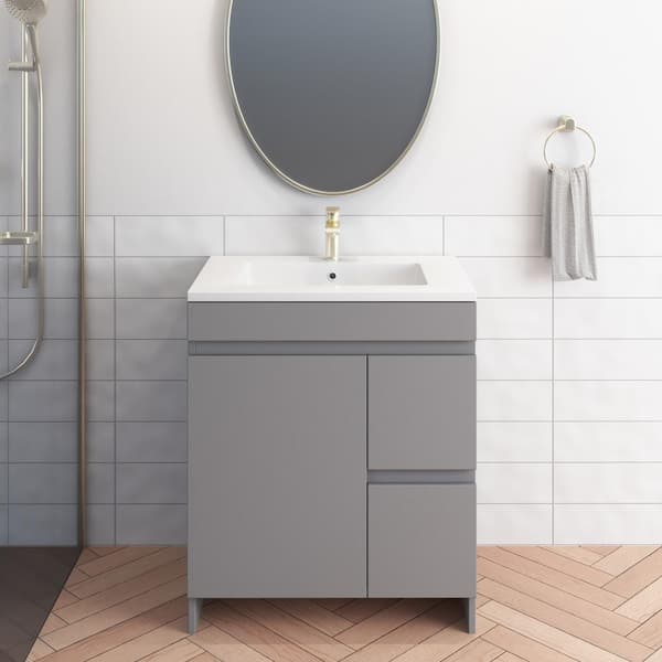 VOLPA USA AMERICAN CRAFTED VANITIES Mace 30 in. W x 20 in. D Single Sink Bathroom Vanity Right Side Drawers In Grey With Acrylic Integrated Countertop