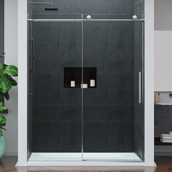 Mountain 60 in. Reversible Frameless Sliding Deco-Glass Shower Door with Soft-Close System in Brushed Nickel Finish