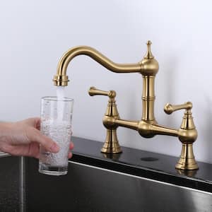 Elegant Double Handle Bridge Kitchen Faucet in Brushed Gold