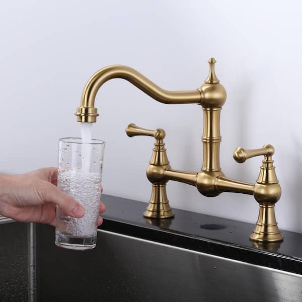 Brass 8 in. Double Handle Bridge Kitchen Faucet with 2-Aerators, Brass Valve and Supply Lines in Gold