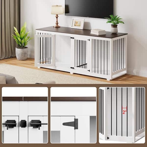Double Dog Crate Furniture With Feeder Bowls, 74" Wooden TV
