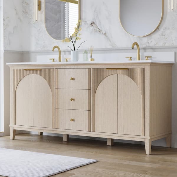 SLIVA 72 in. Freestanding OAK Solid Wood Bath Vanity with Pure White Quartz Top, Soft-Close, Backsplash, Assembled