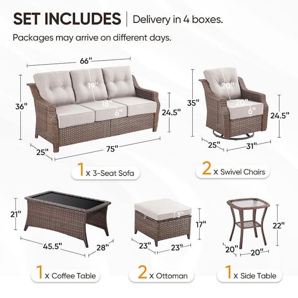 Modern Farmhouse 7-Piece Brown Wicker Patio Conversation Set with 6 In. Beige Cushions/Swivel Chairs with Coffee Table
