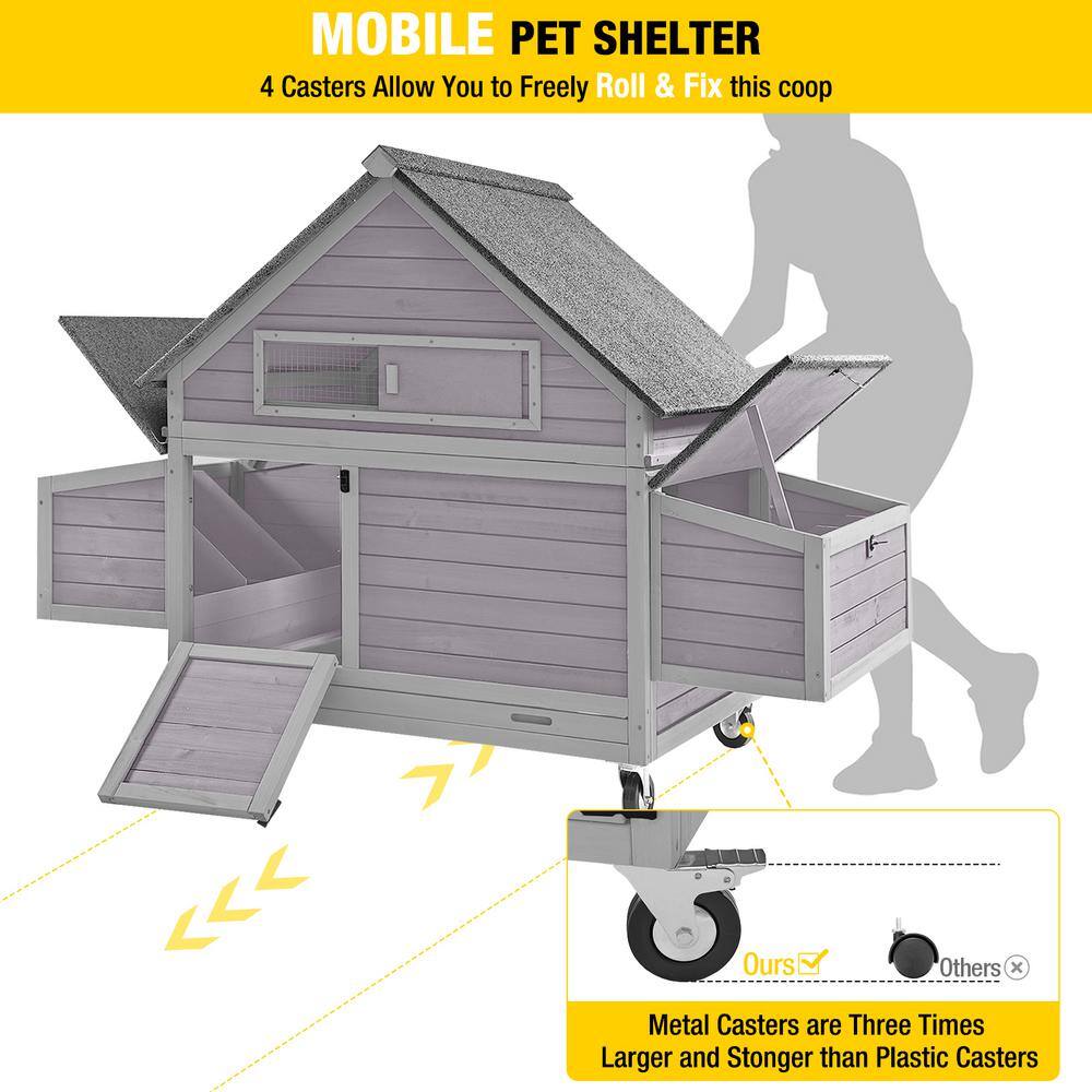 Gray Wooden Portable Chicken Coop with Wheels and Nesting Box