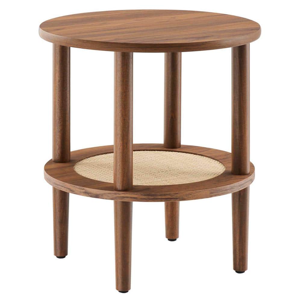 Walnut Round Wood Side Table with Rattan Shelf