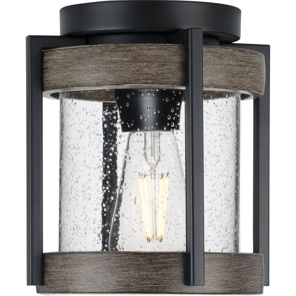 Matte Black and Clear Seeded Glass Outdoor Flush Mount Light