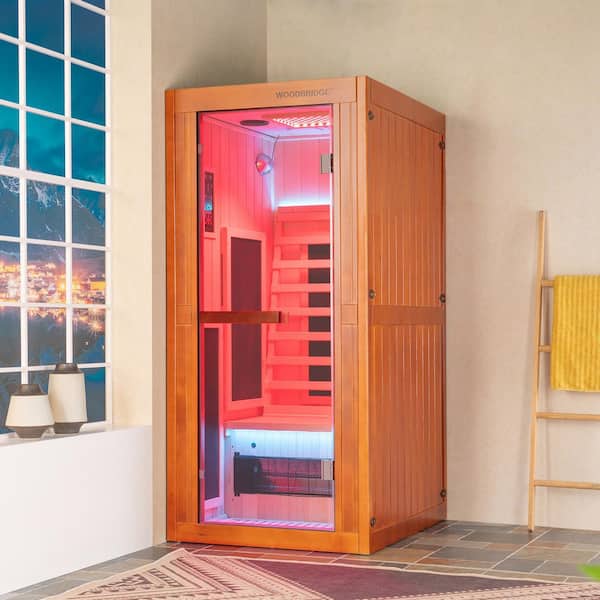 1-Person Indoor Canadian Hemlock FAR Infrared Sauna with 7-Carbon Fiber Heaters,Red Light Therapy,Chromotherapy Lighting