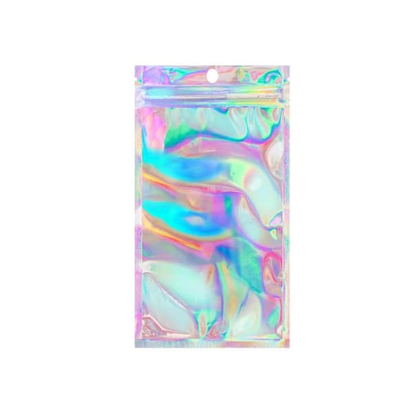 Holographic Resealable Bags with Clear Window, Smell Proof Mylar Foil with Zipper for Food Storage 50 Pcs. 6.3 x 9.4 in.