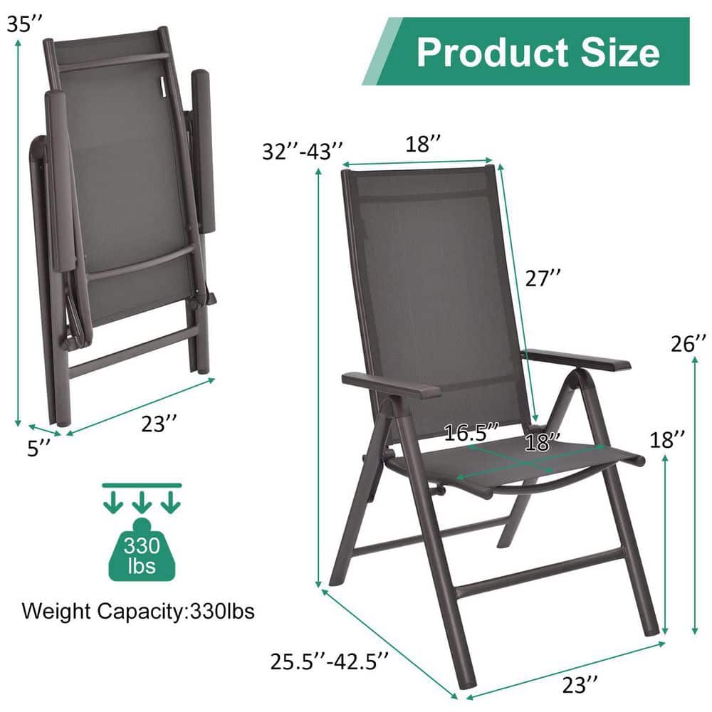 Gray Aluminum Folding Dining Chairs with Adjustable Reclining Backrest, Set of 2