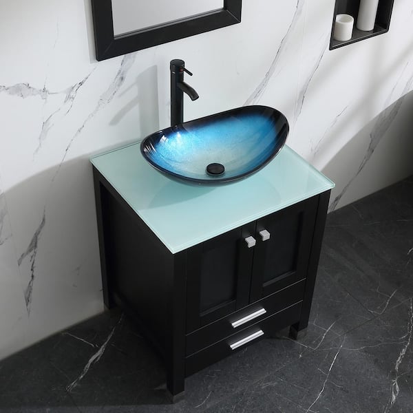 Wonline 36Inch Bathroom Vanity with Sink Combo Modern Black Cabinet Tempered Glass Vessel Sink Bowl Faucet Drain Combo, Size: 24.4, Blue