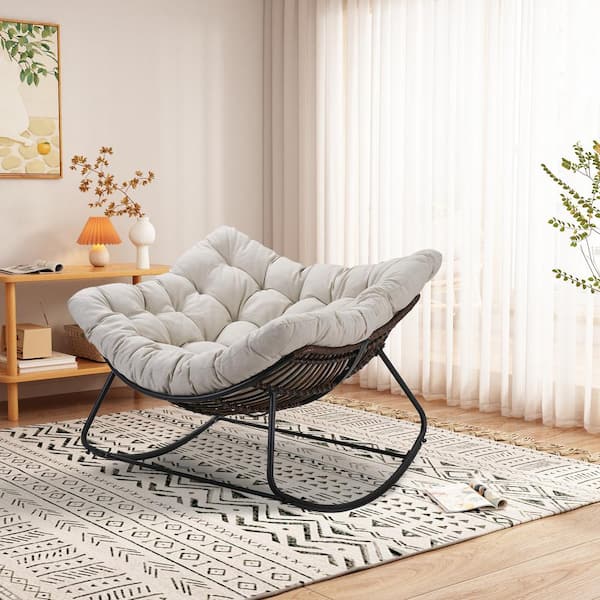 Unbranded Deep Gray Indoor Outdoor Metal Outdoor Rocking Chair Rattan Rope Club Chairs with Beige Cushions Y321 19