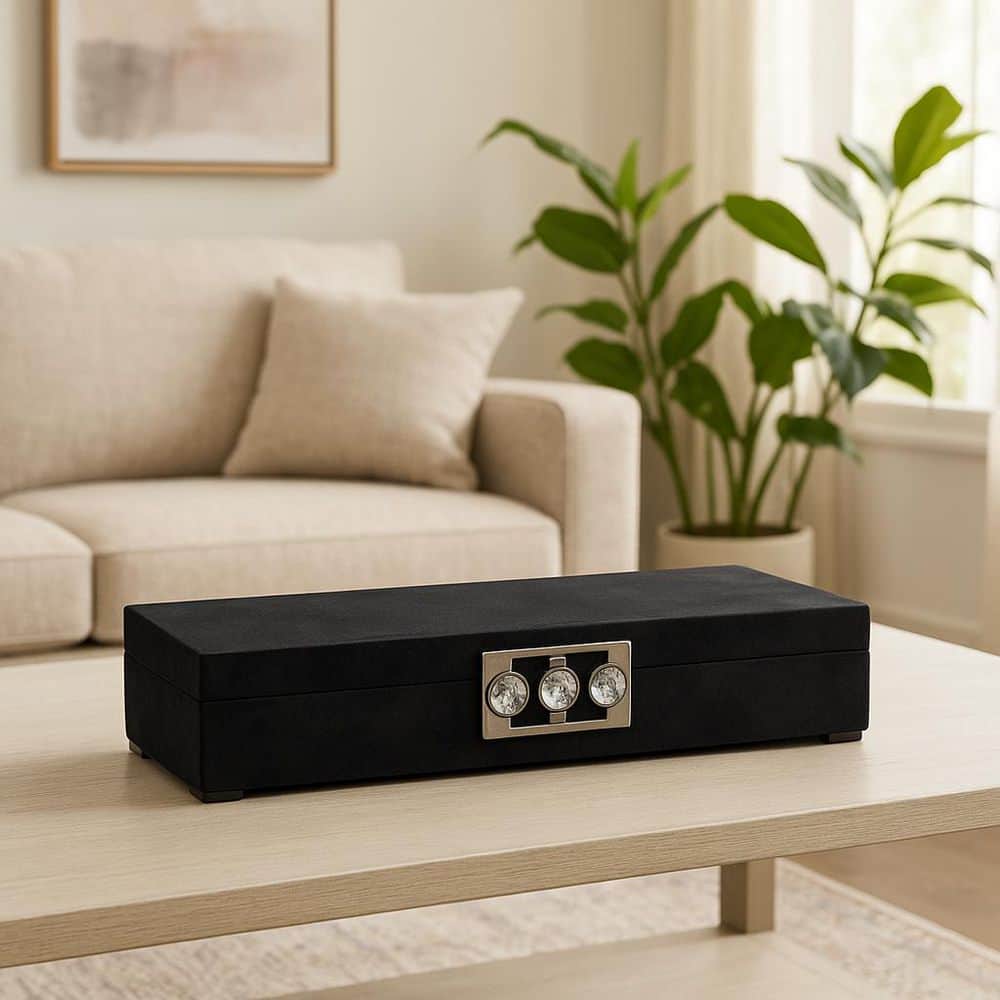 Black 18 in. x 3 in. Wood Decorative Box with Jeweled Metal Clasp