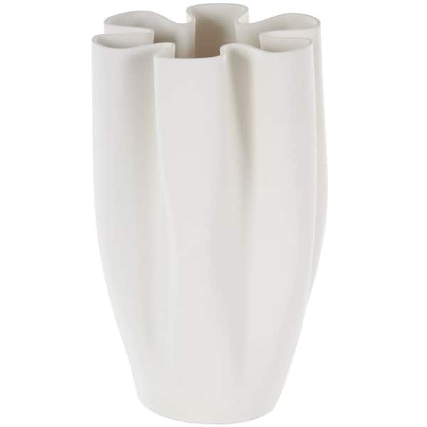 Litton Lane White Ribbed Dimensional Folded Ceramic Abstract Decorative Vase with Floral Shaped Rim